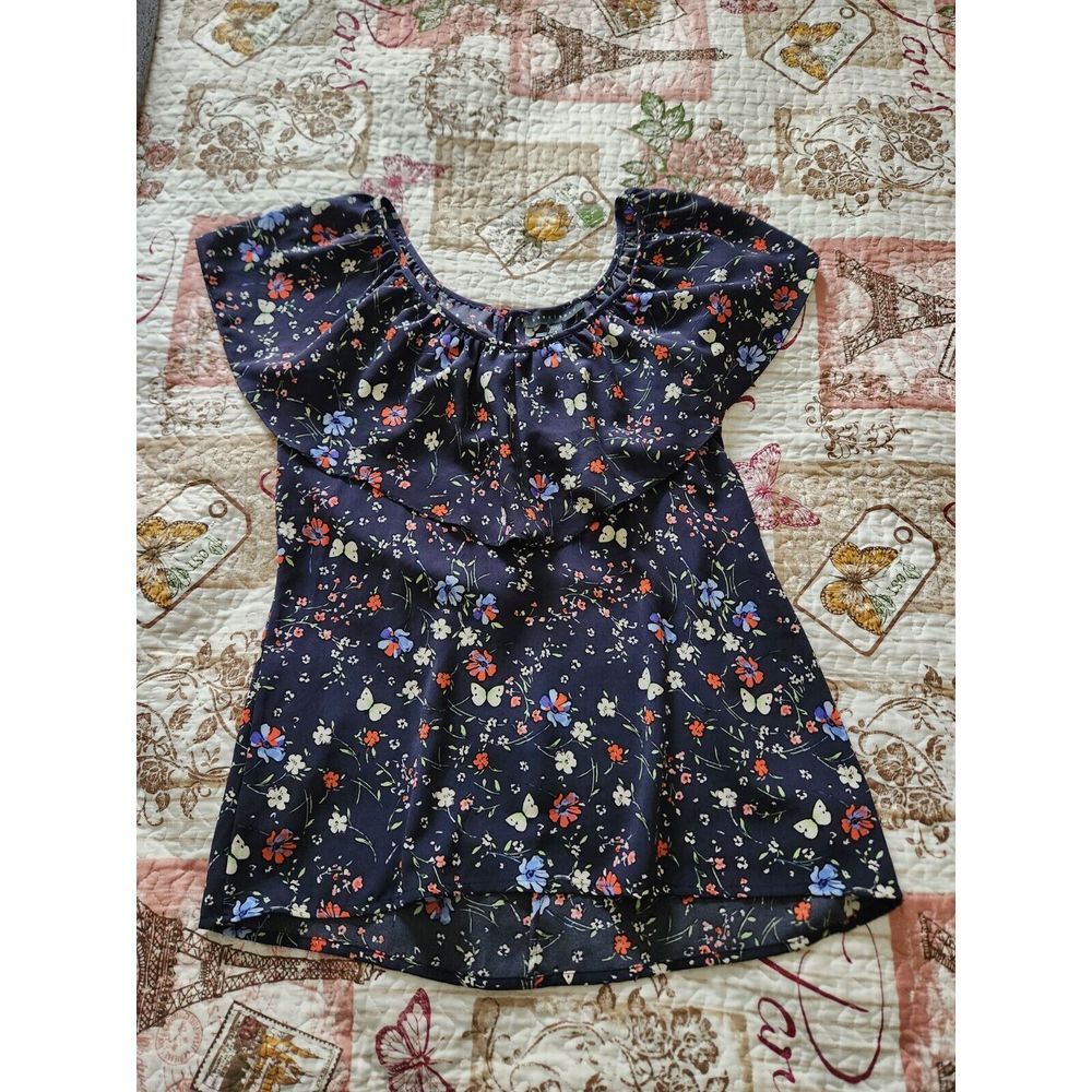 SANCTUARY Women's Blouse Floral Ruffled Scoop Neck Cap Sleeve. Size‎ S (4-6)